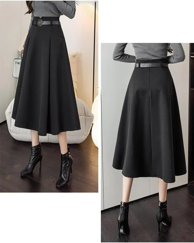 IDEALSANXUN Wool Midi Skirts for Womens High Waisted A Line Pleated Belted Fall Winter Skirts