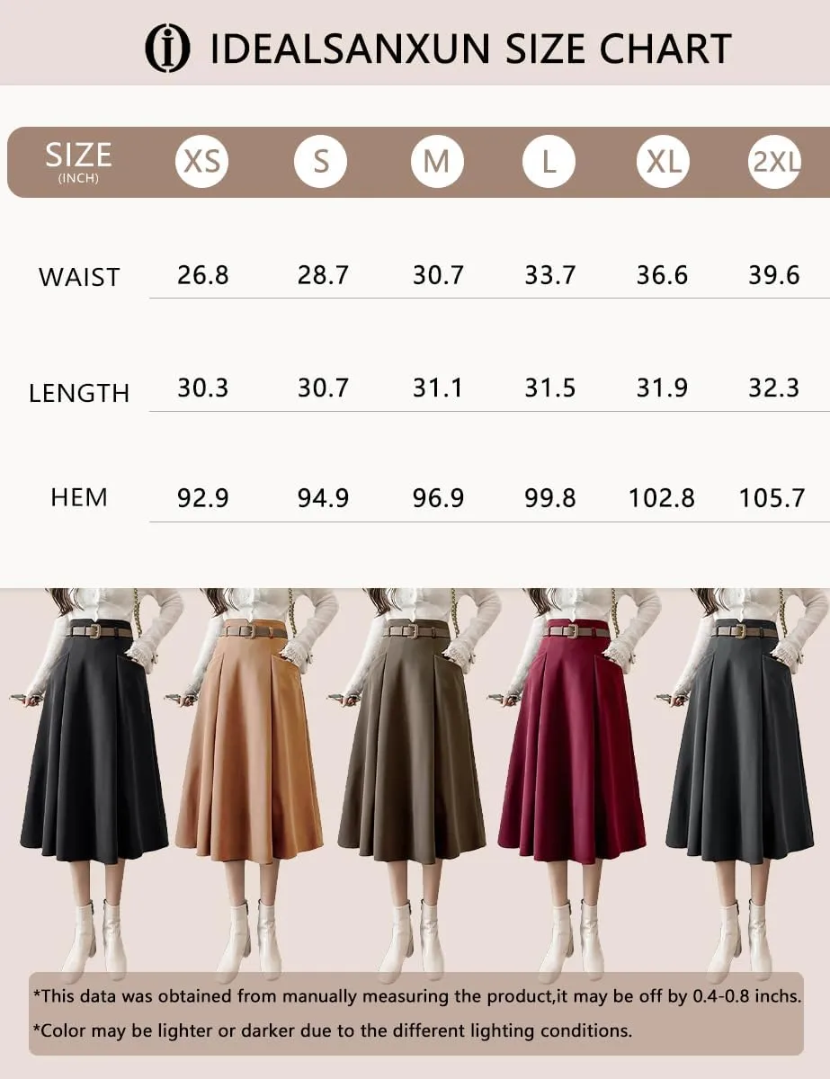 IDEALSANXUN Wool Midi Skirts for Womens High Waisted A Line Pleated Belted Fall Winter Skirts