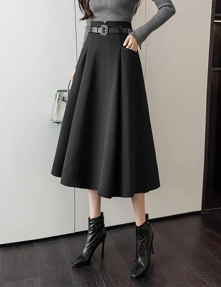 IDEALSANXUN Wool Midi Skirts for Womens High Waisted A Line Pleated Belted Fall Winter Skirts