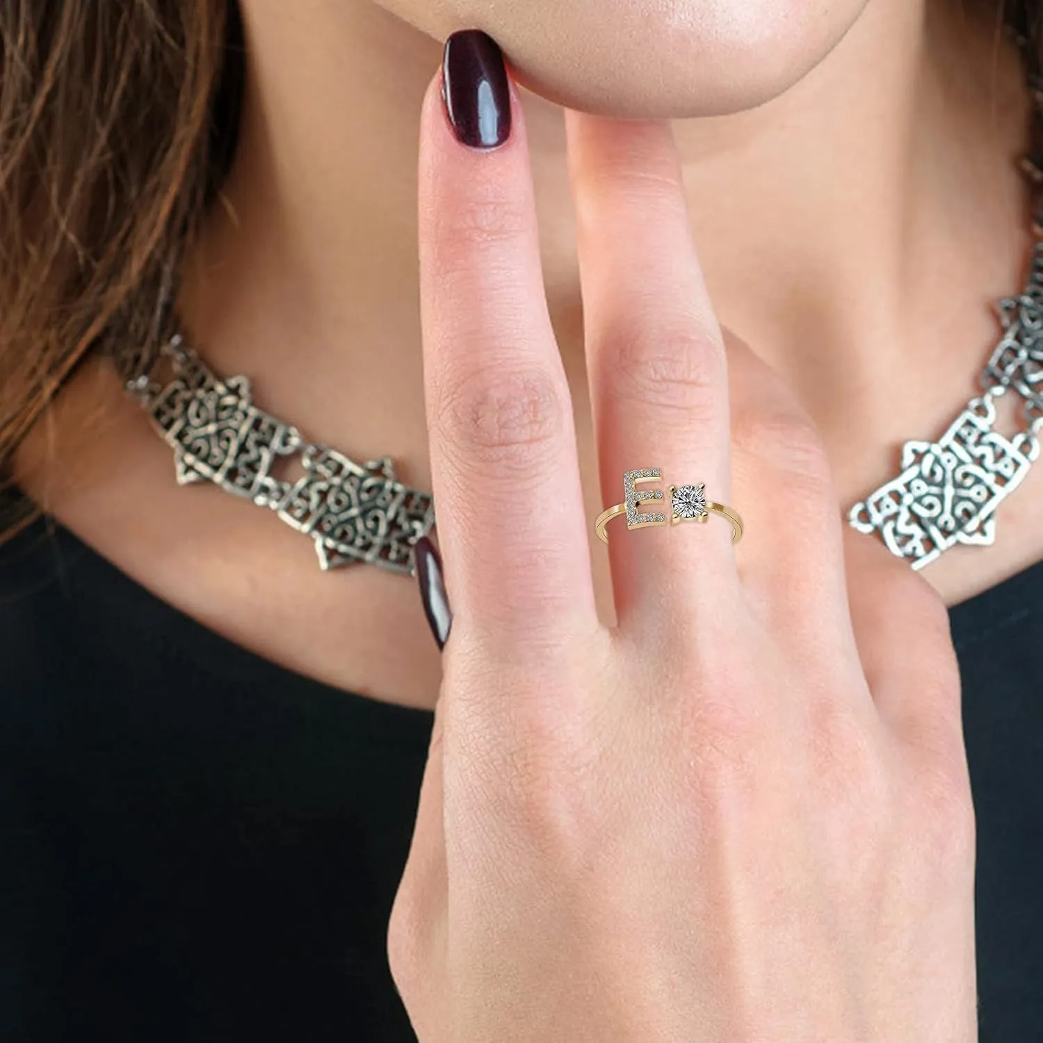 Initial Letter Knuckle Rings for Women 26 Alphabet Stackable Ring Studded Zircon Open Adjustable Finger Ring