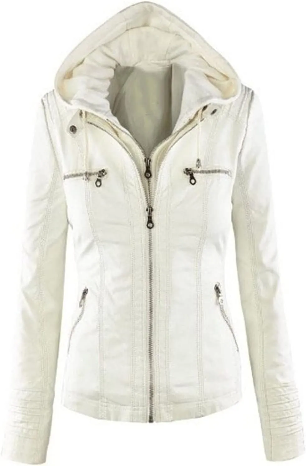 JEsilunmaMY Women's Hooded Leather Jacket Long Sleeve Zip Up Short Biker Coat with Pocket Slim Fit Motorcycle Bomber Outwear