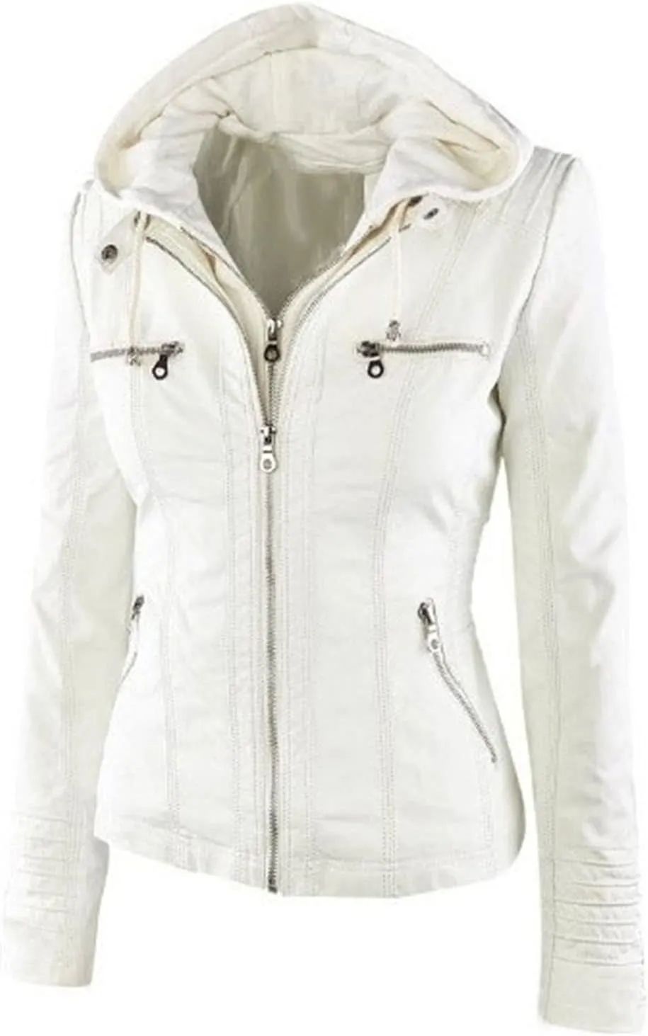 JEsilunmaMY Women's Hooded Leather Jacket Long Sleeve Zip Up Short Biker Coat with Pocket Slim Fit Motorcycle Bomber Outwear