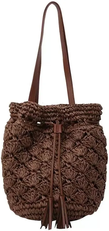 JHTPSLR Boho Straw Bucket Bag Drawstring Beach Bag Woven Shoulder Bags for Women Summer Travel Vacation Picnic
