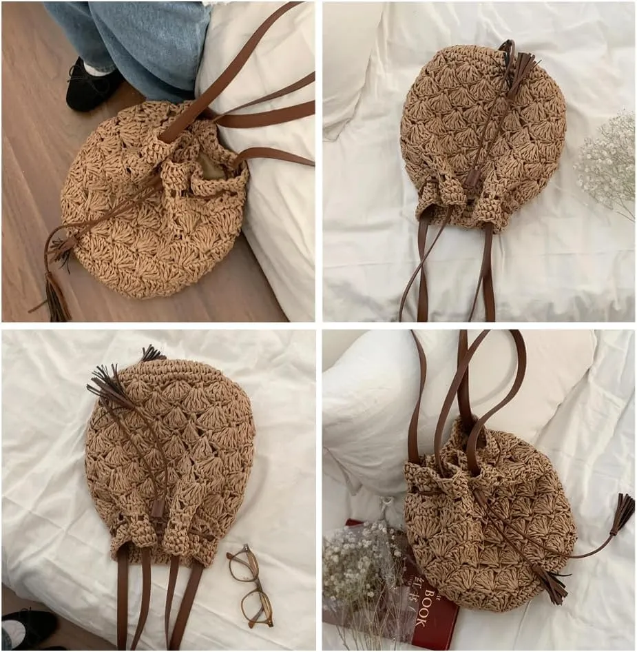 JHTPSLR Boho Straw Bucket Bag Drawstring Beach Bag Woven Shoulder Bags for Women Summer Travel Vacation Picnic