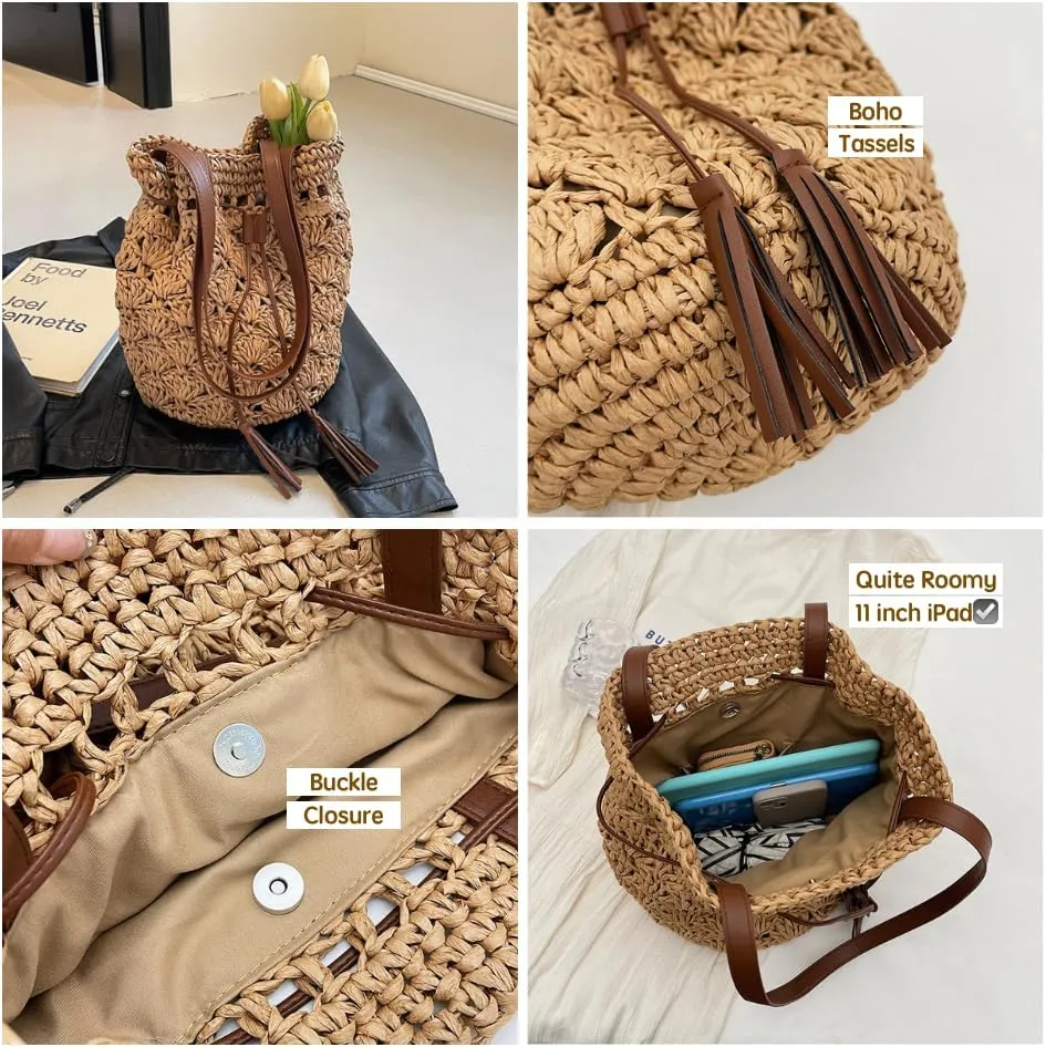 JHTPSLR Boho Straw Bucket Bag Drawstring Beach Bag Woven Shoulder Bags for Women Summer Travel Vacation Picnic
