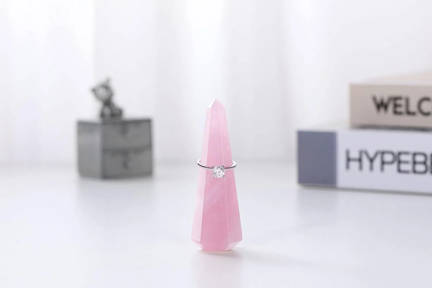 Jovivi Natural Rose Quartz Crystal Stone Jewelry Display Holder - Hexagon Prism Shaped Decorative Wedding Ring Stand