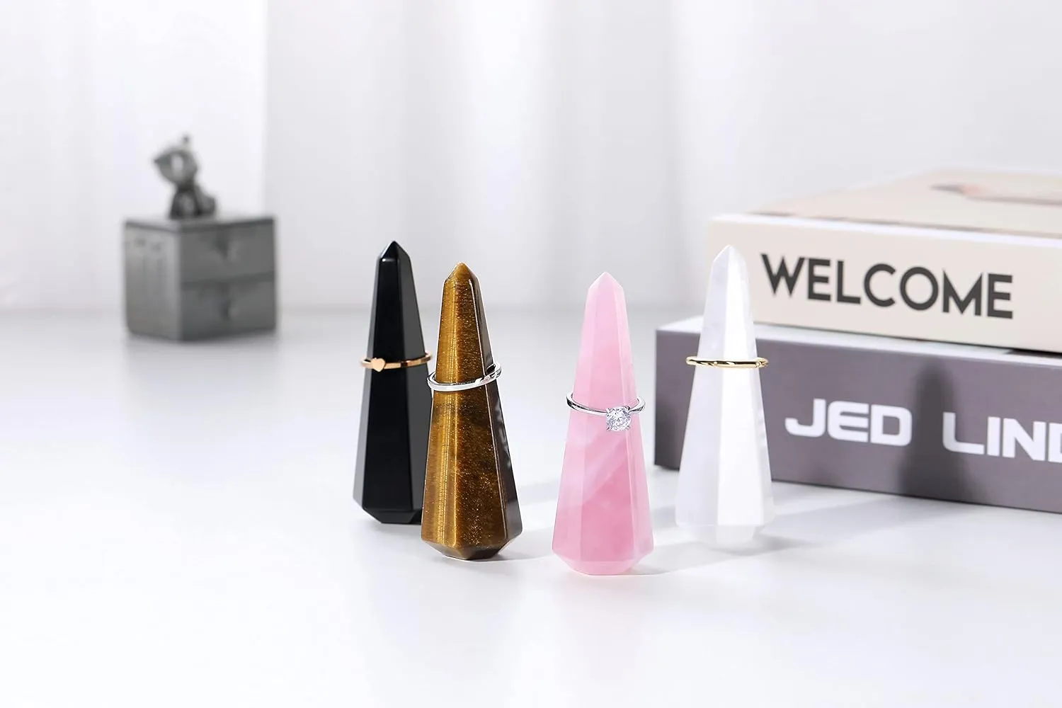Jovivi Natural Rose Quartz Crystal Stone Jewelry Display Holder - Hexagon Prism Shaped Decorative Wedding Ring Stand