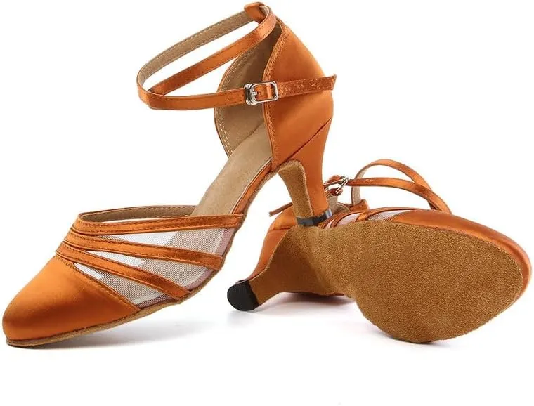 JUODVMP Women's Closed Toe Dance Heels Brown Satin Latin Ballroom Dance Shoes for Wedding Party Model YCL189