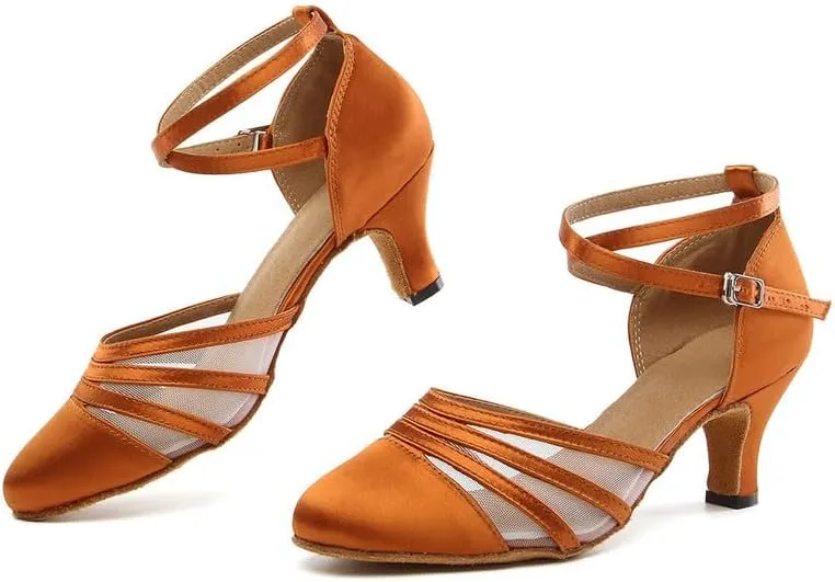 JUODVMP Women's Closed Toe Dance Heels Brown Satin Latin Ballroom Dance Shoes for Wedding Party Model YCL189