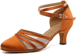 JUODVMP Women's Closed Toe Dance Heels Brown Satin Latin Ballroom Dance Shoes for Wedding Party Model YCL189