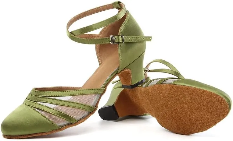 JUODVMP Women's Closed Toe Dance Heels Green Satin Latin Ballroom Dance Shoes for Wedding Party Model YCL189