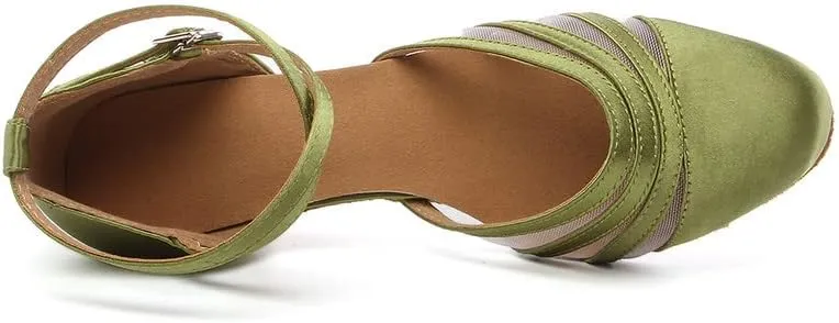 JUODVMP Women's Closed Toe Dance Heels Green Satin Latin Ballroom Dance Shoes for Wedding Party Model YCL189