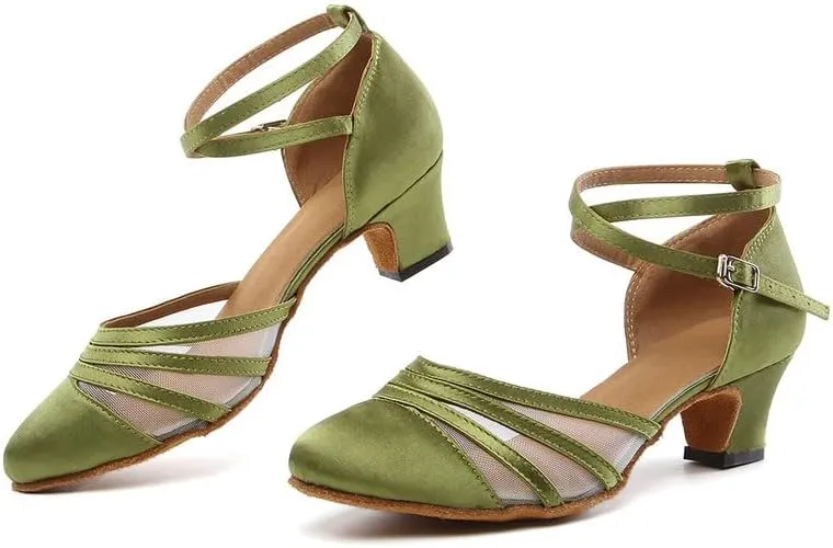 JUODVMP Women's Closed Toe Dance Heels Green Satin Latin Ballroom Dance Shoes for Wedding Party Model YCL189