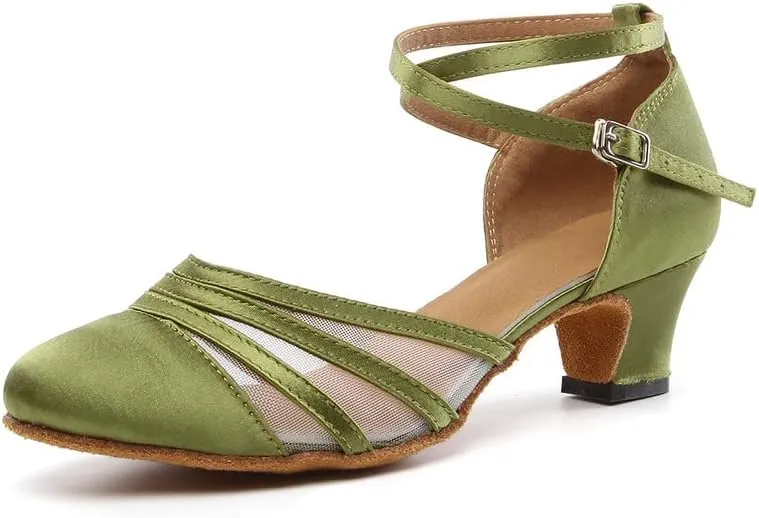 JUODVMP Women's Closed Toe Dance Heels Green Satin Latin Ballroom Dance Shoes for Wedding Party Model YCL189