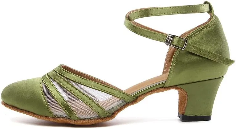 JUODVMP Women's Closed Toe Dance Heels Green Satin Latin Ballroom Dance Shoes for Wedding Party Model YCL189