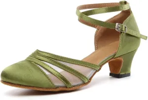 JUODVMP Women's Closed Toe Dance Heels Green Satin Latin Ballroom Dance Shoes for Wedding Party Model YCL189
