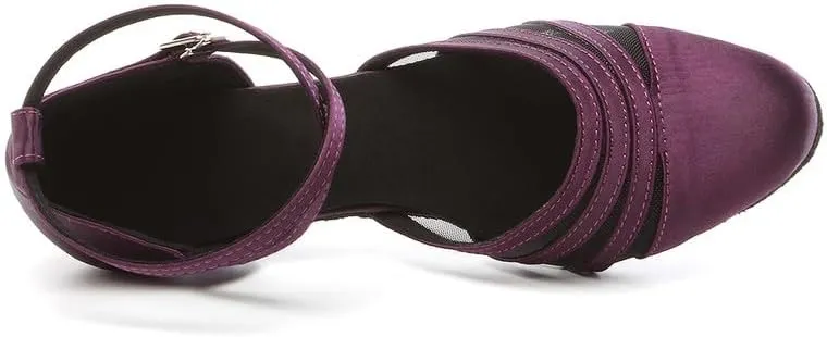 JUODVMP Women's Closed Toe Dance Heels Purple Satin Latin Ballroom Dance Shoes for Wedding Party Model YCL189