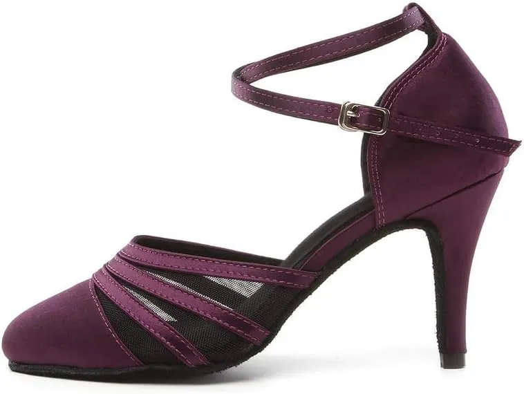 JUODVMP Women's Closed Toe Dance Heels Purple Satin Latin Ballroom Dance Shoes for Wedding Party Model YCL189