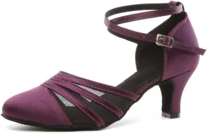 JUODVMP Women's Closed Toe Dance Heels Purple Satin Latin Ballroom Dance Shoes for Wedding Party Model YCL189