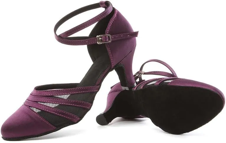 JUODVMP Women's Closed Toe Dance Heels Purple Satin Latin Ballroom Dance Shoes for Wedding Party Model YCL189
