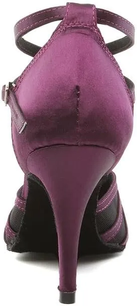 JUODVMP Women's Closed Toe Dance Heels Purple Satin Latin Ballroom Dance Shoes for Wedding Party Model YCL189