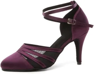JUODVMP Women's Closed Toe Dance Heels Purple Satin Latin Ballroom Dance Shoes for Wedding Party Model YCL189