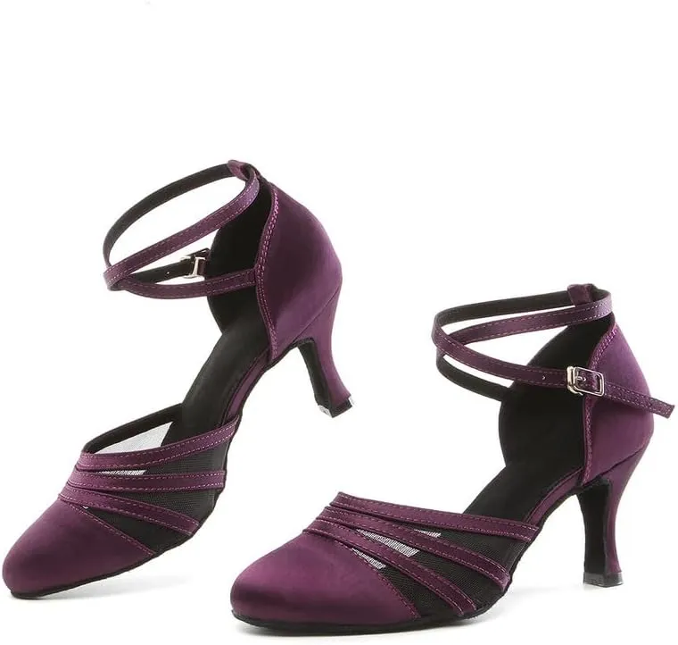 JUODVMP Women's Closed Toe Dance Heels Purple Satin Latin Ballroom Dance Shoes for Wedding Party Model YCL189