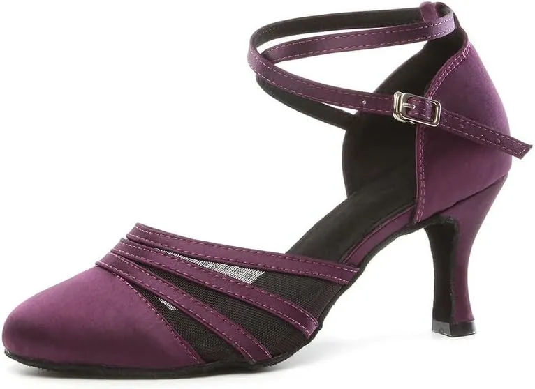 JUODVMP Women's Closed Toe Dance Heels Purple Satin Latin Ballroom Dance Shoes for Wedding Party Model YCL189