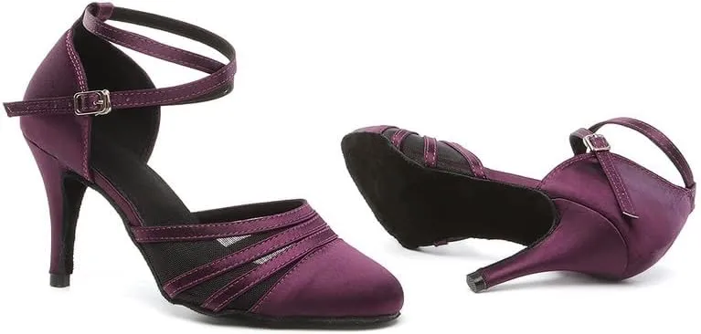 JUODVMP Women's Closed Toe Dance Heels Purple Satin Latin Ballroom Dance Shoes for Wedding Party Model YCL189