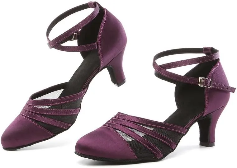 JUODVMP Women's Closed Toe Dance Heels Purple Satin Latin Ballroom Dance Shoes for Wedding Party Model YCL189