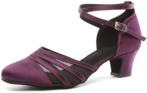 JUODVMP Women's Closed Toe Dance Heels Purple Satin Latin Ballroom Dance Shoes for Wedding Party Model YCL189
