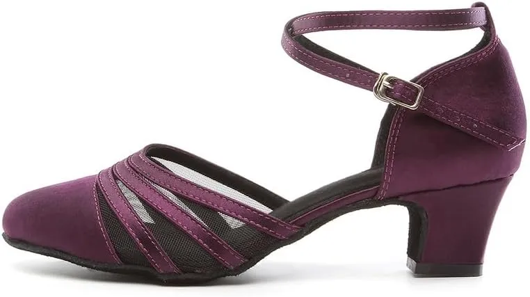 JUODVMP Women's Closed Toe Dance Heels Purple Satin Latin Ballroom Dance Shoes for Wedding Party Model YCL189