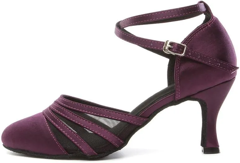 JUODVMP Women's Closed Toe Dance Heels Purple Satin Latin Ballroom Dance Shoes for Wedding Party Model YCL189