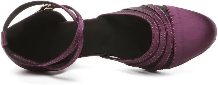 JUODVMP Women's Closed Toe Dance Heels Purple Satin Latin Ballroom Dance Shoes for Wedding Party Model YCL189