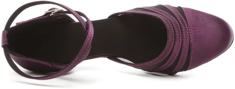 JUODVMP Women's Closed Toe Dance Heels Purple Satin Latin Ballroom Dance Shoes for Wedding Party Model YCL189