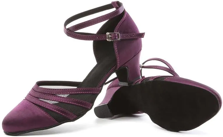 JUODVMP Women's Closed Toe Dance Heels Purple Satin Latin Ballroom Dance Shoes for Wedding Party Model YCL189