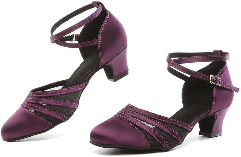 JUODVMP Women's Closed Toe Dance Heels Purple Satin Latin Ballroom Dance Shoes for Wedding Party Model YCL189