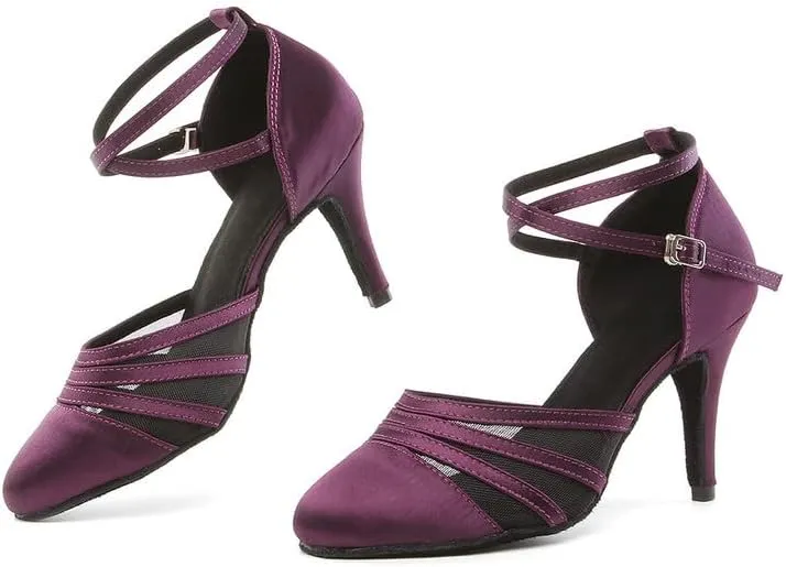 JUODVMP Women's Closed Toe Dance Heels Purple Satin Latin Ballroom Dance Shoes for Wedding Party Model YCL189