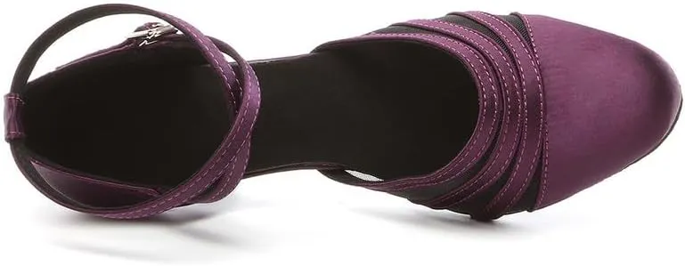 JUODVMP Women's Closed Toe Dance Heels Purple Satin Latin Ballroom Dance Shoes for Wedding Party Model YCL189