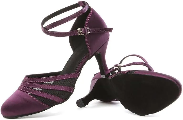 JUODVMP Women's Closed Toe Dance Heels Purple Satin Latin Ballroom Dance Shoes for Wedding Party Model YCL189