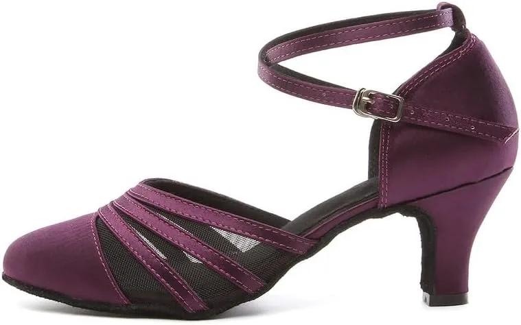 JUODVMP Women's Closed Toe Dance Heels Purple Satin Latin Ballroom Dance Shoes for Wedding Party Model YCL189