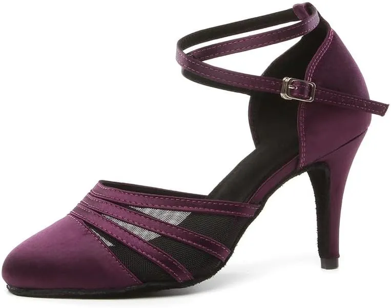 JUODVMP Women's Closed Toe Dance Heels Purple Satin Latin Ballroom Dance Shoes for Wedding Party Model YCL189