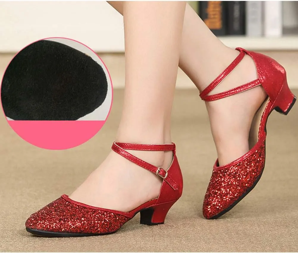 JUODVMP Women's Latin Salsa Ballroom Dance Shoes Sequins Closed-Toe Cross-Straps Dance Heels Model DY225