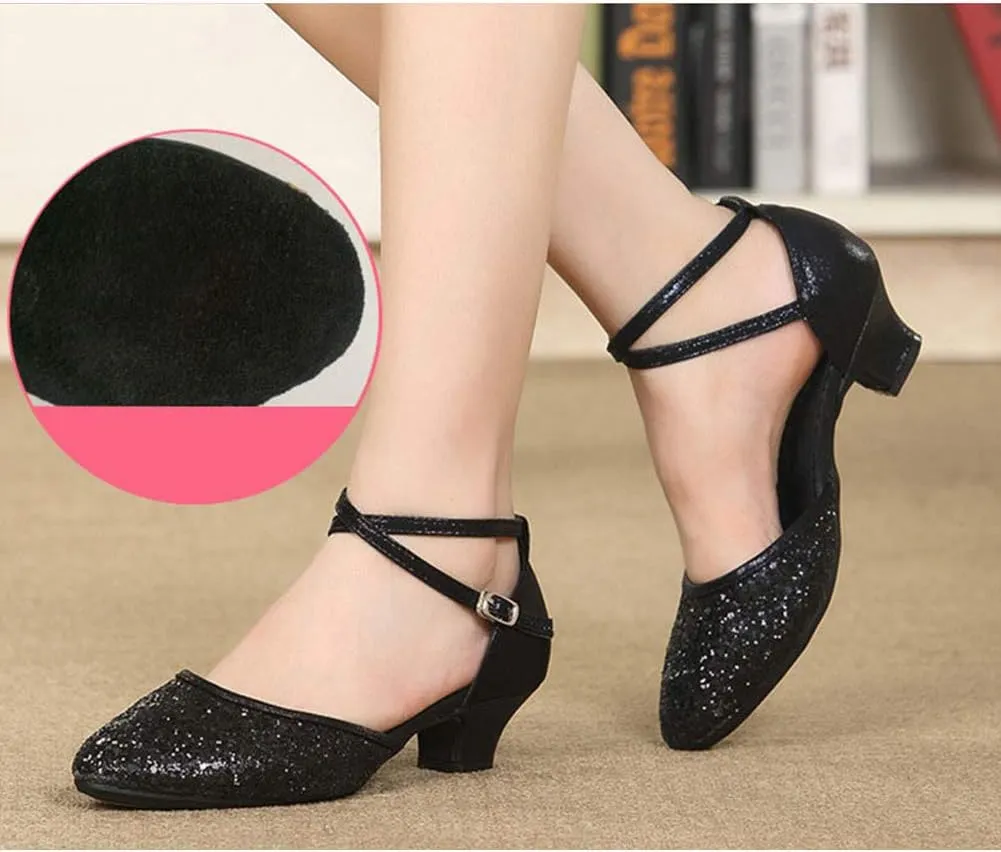 JUODVMP Women's Latin Salsa Ballroom Dance Shoes Sequins Closed-Toe Cross-Straps Dance Heels Model DY225