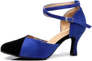 JUODVMP Women's Latin Salsa Character Dance Shoes Ultrasuede Patchwork Color Closed-Toe Crossed-Ankle Strap Ballroom Shoesn Model QJW7136
