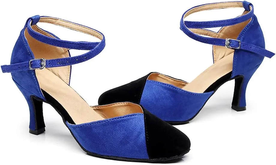 JUODVMP Women's Latin Salsa Character Dance Shoes Ultrasuede Patchwork Color Closed-Toe Crossed-Ankle Strap Ballroom Shoesn Model QJW7136