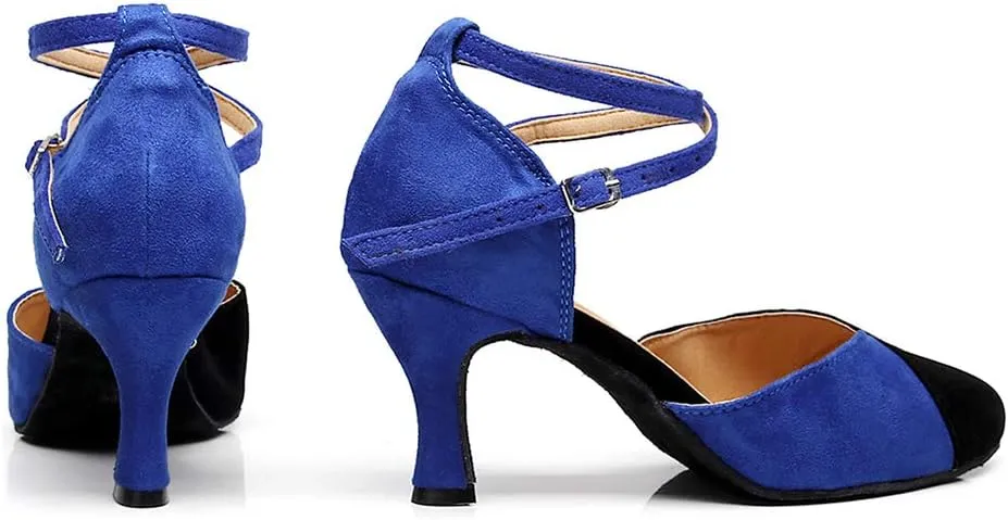 JUODVMP Women's Latin Salsa Character Dance Shoes Ultrasuede Patchwork Color Closed-Toe Crossed-Ankle Strap Ballroom Shoesn Model QJW7136