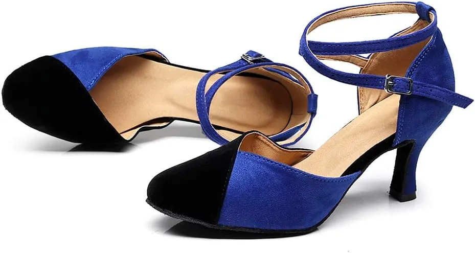 JUODVMP Women's Latin Salsa Character Dance Shoes Ultrasuede Patchwork Color Closed-Toe Crossed-Ankle Strap Ballroom Shoesn Model QJW7136