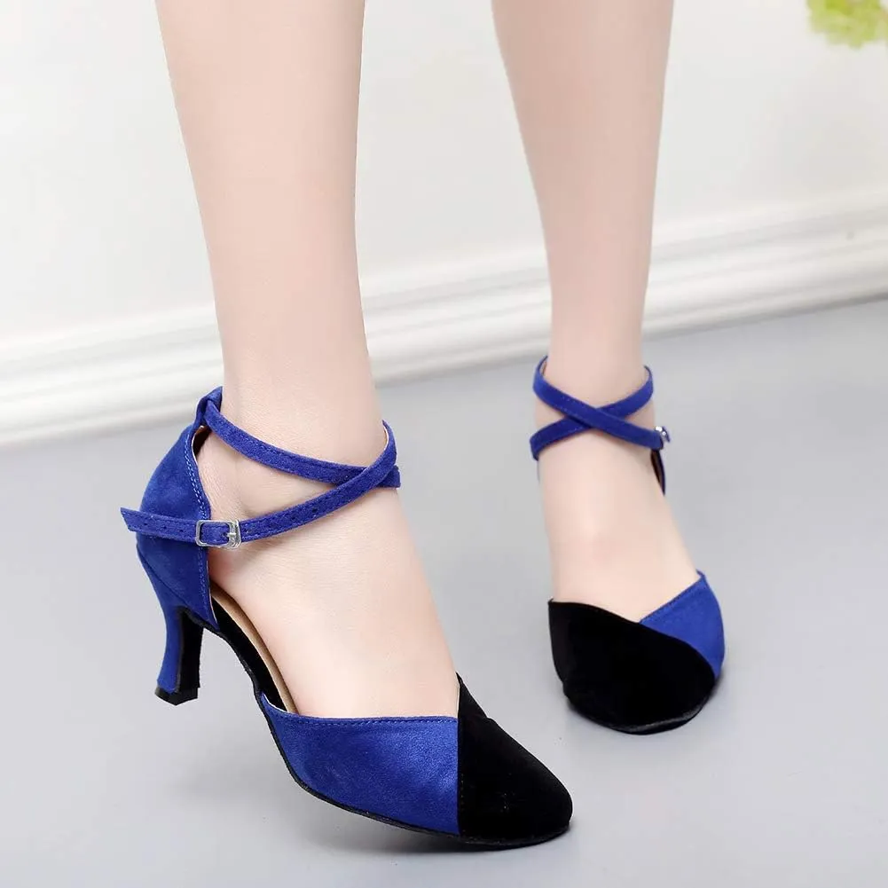 JUODVMP Women's Latin Salsa Character Dance Shoes Ultrasuede Patchwork Color Closed-Toe Crossed-Ankle Strap Ballroom Shoesn Model QJW7136