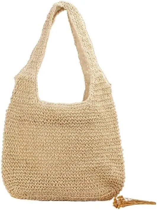 KANDUO Women Straw Shoulder Bag Bucket Tote Summer Beach Woven Handmade Weaving Handbag Fashion (Color : Beige, Size : One Size)